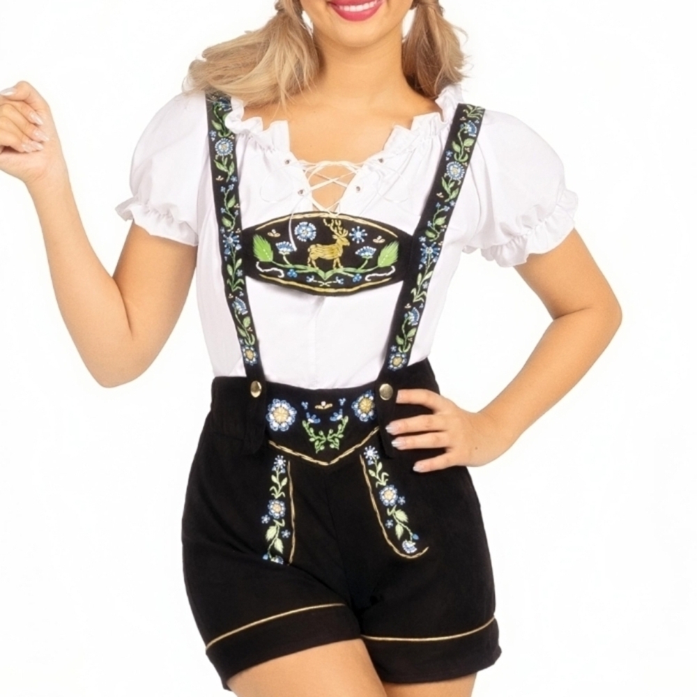 Embroidered Black Lederhosen-Style Shorts with White Blouse